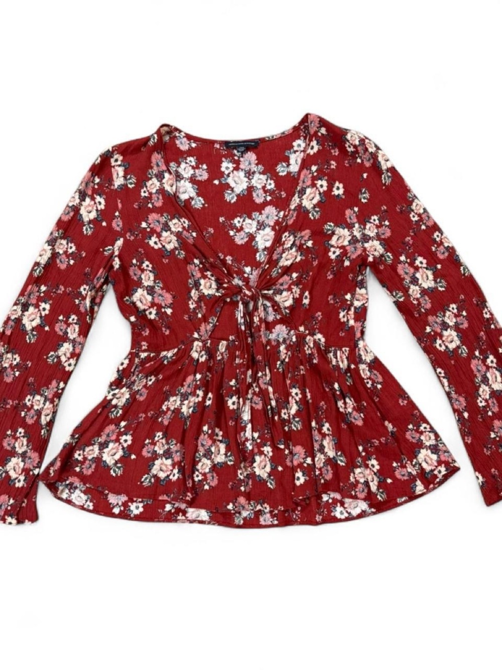 American Eagle Red Floral Peplum Blouse Front Cutout Tie Women’s Size L